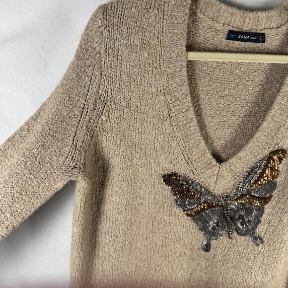 Zara Women's Tan Beige Alpaca Wool Knit Butterfly Sequin Beaded Sweater Top Sz M - Picture 5 of 9